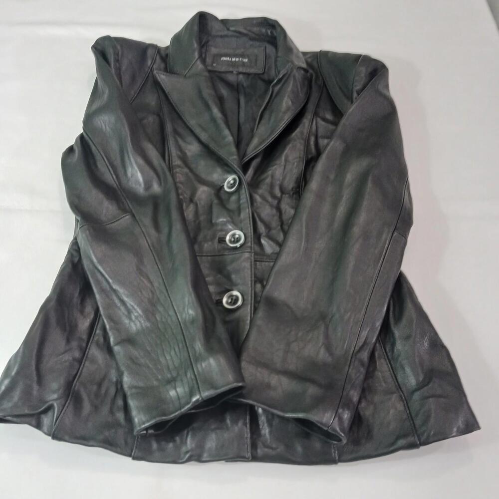 Jones New York Womens Black Genuine Leather Long Sleeve Jacket Measured Chest 38